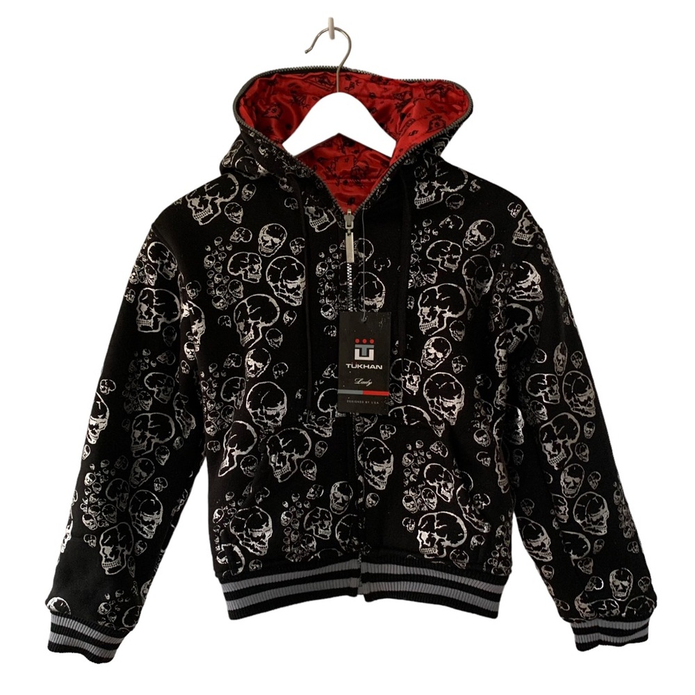 NWT Tukhan Skull Graphic Punk Rock Y2K Zip Reversible Bomber Coat